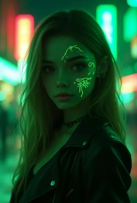 A cute Cyberpunk girl with long light brown hair, black eyes, and green neon tattoos glyphs on her face and nice The girl was ready to hit the green neon street 3d