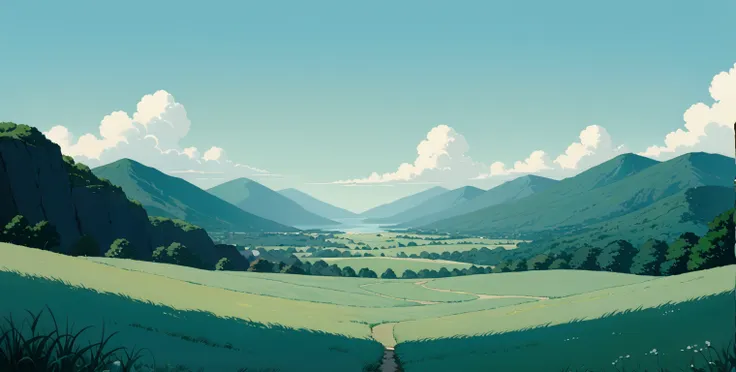 (minimalism:1.4), lofi anime style, studio ghibli art, miyazaki ,pastel , cute ,minimalist , landscape , spirited away from haya...