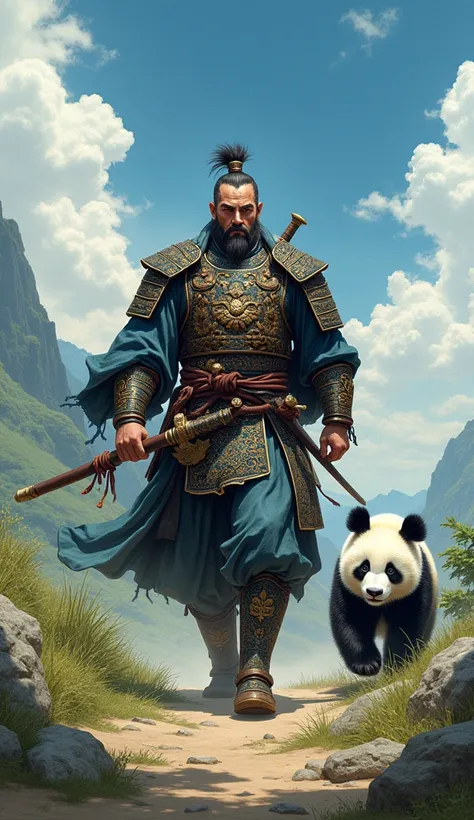 Create A Chinese Big Muscle Warrior Walking In War , Holding Old War Weapon , A panda Walking With Him , Beautiful Weather, Heavy Warrior Uniform 