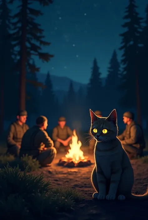 A nighttime scene with the cat watching over a campfire with soldiers.