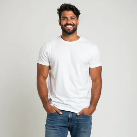 handsome young man smiles in an ordinary white T-shirt stands tall in a stylish pose, jeans are visible on a light background
