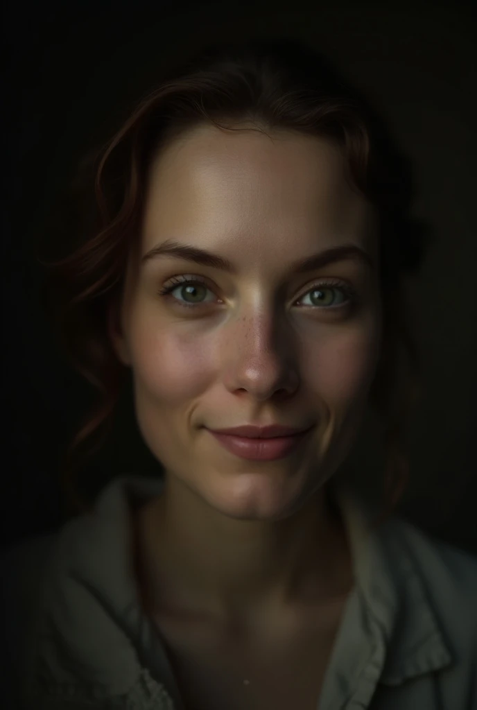 (close-up, editorial photograph of a 20 yo woman from the 1940s), (highly detailed face:1.4) (smile:0.7) (background inside dark, moody, private study:1.3) POV, by lee jeffries, nikon d850, film stock photograph ,4 kodak portra 400 ,camera f1.6 lens ,rich ...