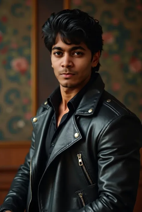 Create an intimidating 35 years old handsome indian man, serious and attractive. He has black hair and dark brown eyes. He has a broad back as well as his shoulders. He has a leather jacket. (cinematic:1.3), intricate details, (ArtStation:1.2) 8k, wallpape...