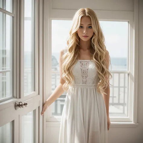 1girl, A blond woman with long wavy hair, she look at the windows, white dress