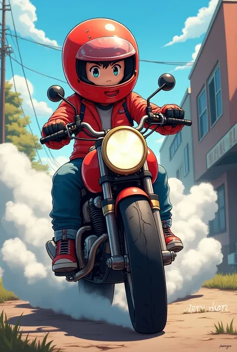 a pictures of anime resemble of roblox  riding 2 strokes motorbike with exhaust blowing the smoke and carburator, with theme japanese style, write "OK LAGI" below. wearing red colour helmet