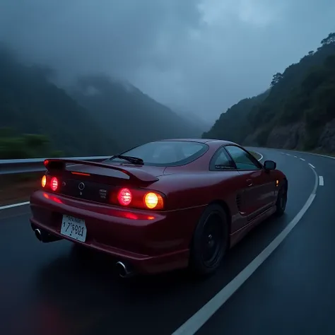  1999 Toyota MR2 , dark red ,  drives on a winding toga in Japan, Night,  sky is covered with clouds , fog