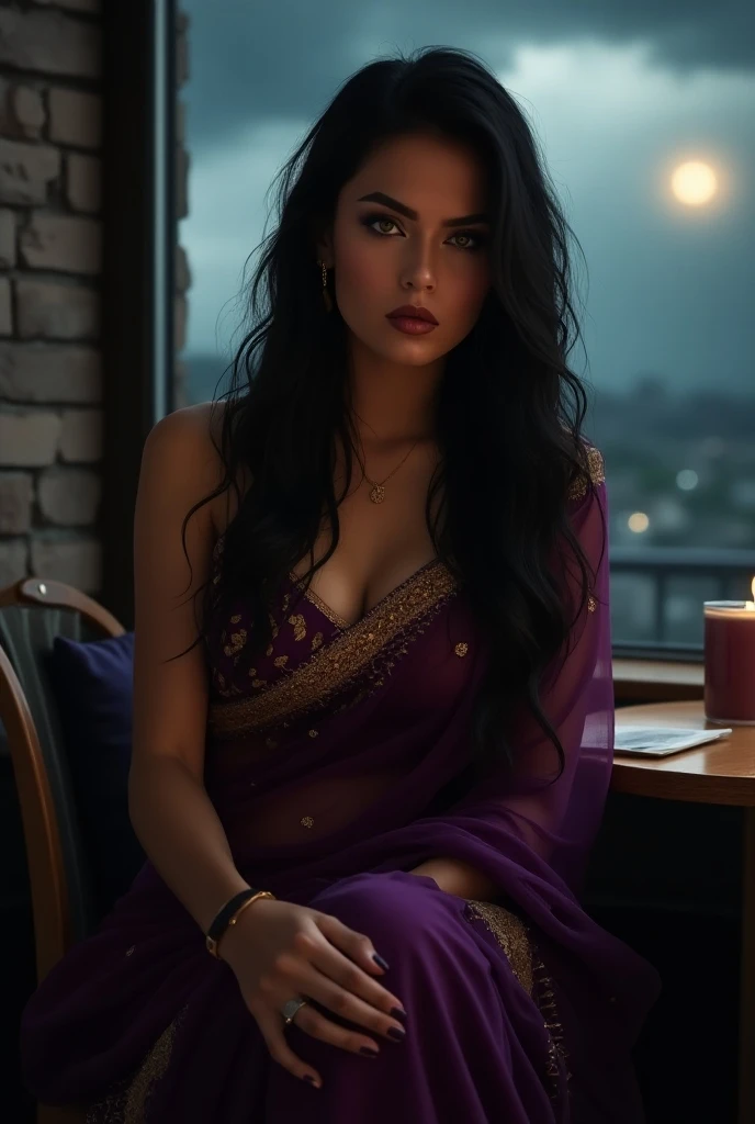 creat a image of a women model, age 29, green eyes, long Black hair,  brunette , big breast type, middle Eastern ethnicity, wet hair, waiting in cafe  background of dark clouds from window, wearing a purple Indian saree , with angry face , holding a hand b...