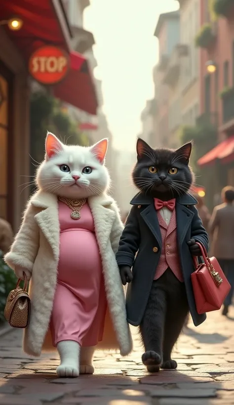 The white fur pregnant cat, still wearing her pink flare dress, white fur long coat, and carrying her expensive handbag, and the black fur Victorian cat, now holding the bag with the shopping bag , walk out of the shop and back onto the street. Both are st...