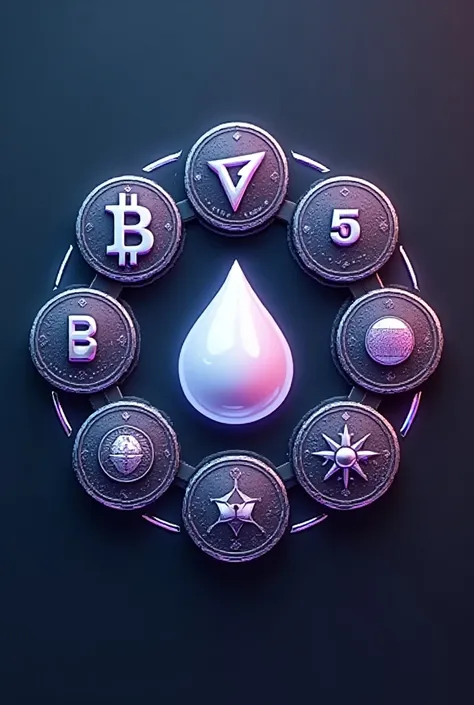 A minimalist emblem design featuring a small milk drop in the center, surrounded by seven highly detailed and unique tokens. Each token is crafted with a blend of metallic textures, holographic finishes, and blockchain-inspired symbols. The emblem has a cl...