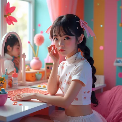 "A 15-year-old Japanese girl in her vibrant, pop-inspired bedroom, sitting in front of her vanity. She is wearing a white short-sleeve turtleneck top decorated with Swarovski crystals forming botanical designs, and a short white tight skirt with a tutu, ad...