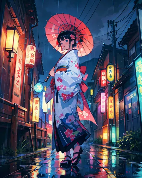   High Resolution ,colorful,bright,kimono,A very large Japanese umbrella,Weather rain,girl, close-up , face up,