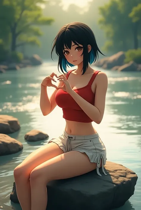 Create a cinematic character of a beautiful girl with a very large body, short shoulder-length hair in black and blue, wearing a red tank top, wearing white shorts with ties, Sitting on a large rock while making heart movements, on the edge of a river surr...