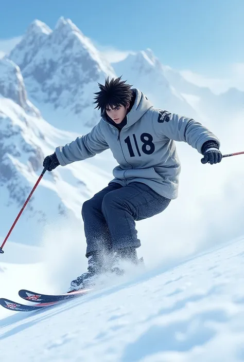 Create an image of Sasuke skiing with the number 18 written on his jacket 