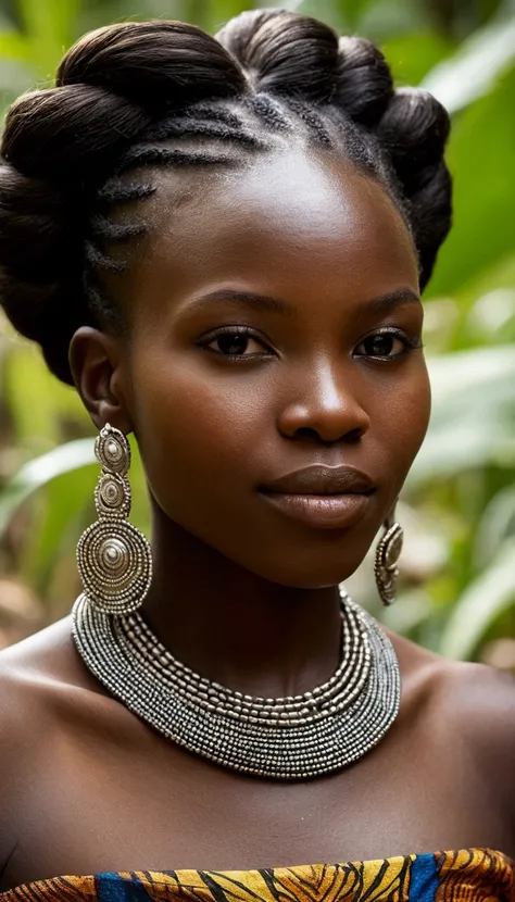 Imagine the Central African Republic embodied as a beautiful woman with smooth, deep ebony skin, radiating warmth and strength. Her eyes are large and expressive, a deep, captivating brown, reflecting both the wild natural beauty of the country’s rainfores...