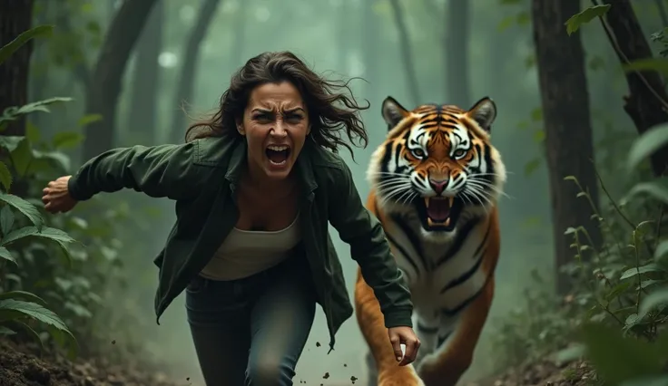 A mom attacked by a tiger 
She is so scared and she is running