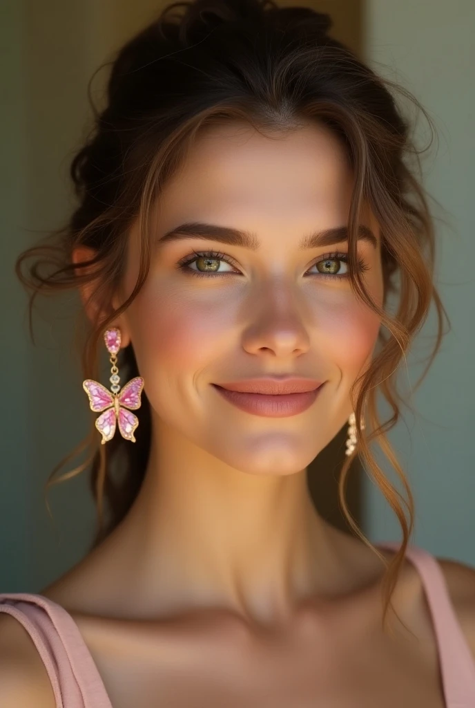 une femme caucasienne, de 25 ans, cheveux ondulés, brun, attaché en queue de cheval, portant des boucles doreilles papillons sertis des tourmalines roses  