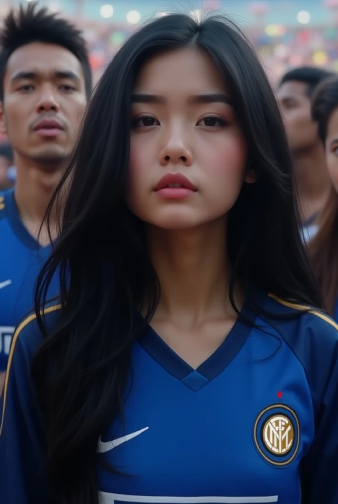 
" An impassioned scene at a football stadium focusing on a young woman with long hair and flowing black. He was wearing the blue jersey of intermian FC,  standing among the other fans .  The background showed a blurred outline of the cheering crowd ,  whi...