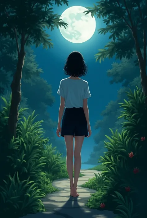 A girl walking at night in a,garden wearing t-shirt and shorts both white & black colour