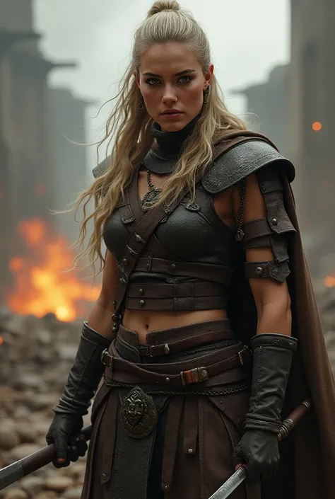 Beautiful female warrior without horns in the foreground in a battle with a determined look and Viking attire 