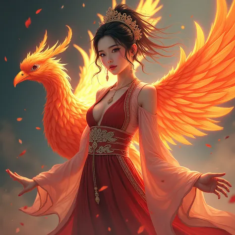 The artistic style of fantasy art and digital illustration, contemporary fantasy art and anime-inspired works, It features a blend of traditional Asian influences, such as clothing and mythical creatures (like the phoenix), with a modern, vibrant color pal...