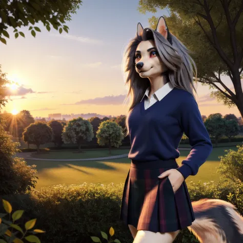 A beautiful girl in a garden, 1 girl, nature, tree, sky, outdoors, skirt, cloud, hair, sunset, lens flare, landscape, school uniform, sun, wind, long sleeves, Loona, Hellhound 

(best quality,4k,8k,highres,masterpiece:1.2),ultra-detailed,(realistic,photore...