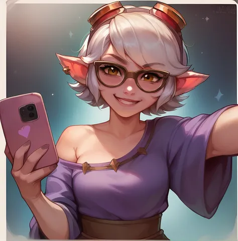 Woman Tristana Fun LOL , sexy, Selfie, scene, Space workshop ,  welder glasses on her head, purple robe clear,  Mischievous smile ,