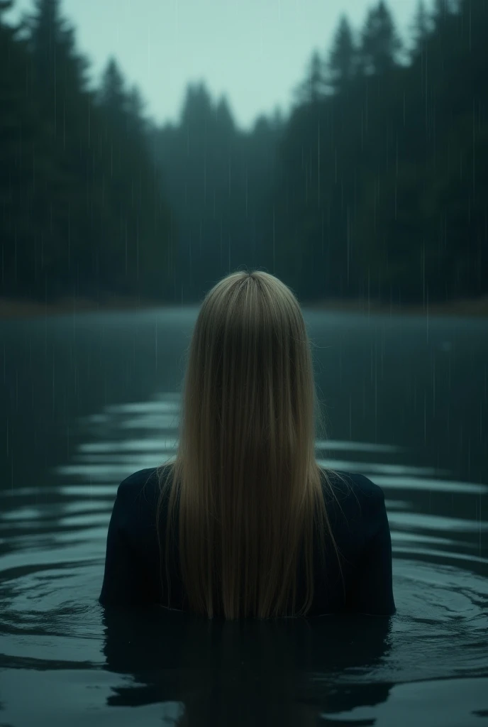 Woman with blond hair and black clothes drowning in a lake. You only see the back of your head. There are lots of trees around the lake. It is night and dark and it is raining . There is black smoke everywhere.