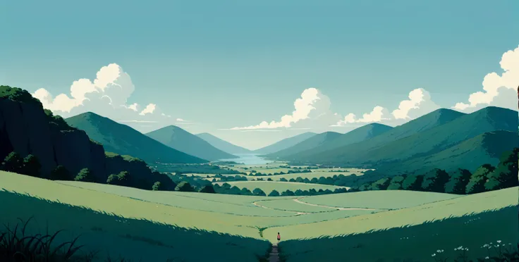 (minimalism:1.4), lofi anime style, studio ghibli art, miyazaki ,pastel , cute ,minimalist , landscape , spirited away from haya...