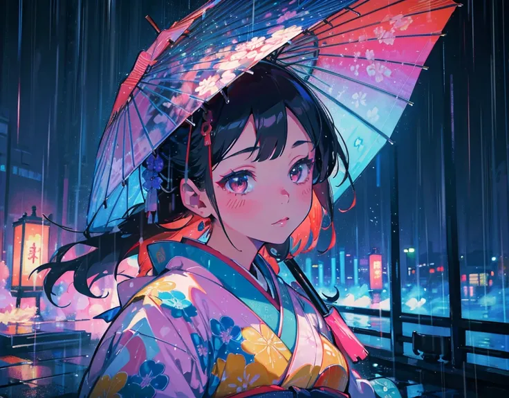   High Resolution ,colorful,bright,kimono,A very large Japanese umbrella,Weather rain,girl, close-up , face up,