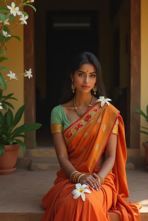 South Indian shemale housewife wearing saree and jasmine waiting for her husband by sitting in outside house with love and care