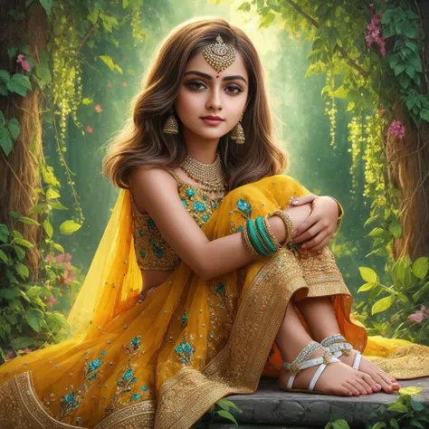 Indian real a beautiful  is sitting wearing yellow lehenga