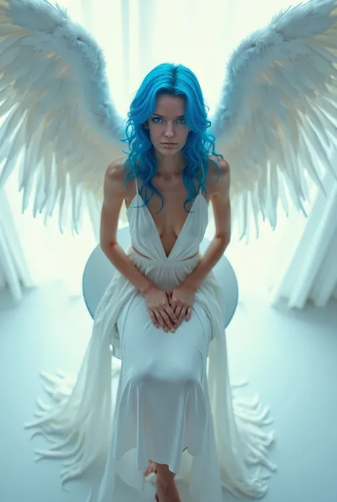 Create a high-resolution ,  professional image of a breathtaking ,  slender female angel with majestic ,  impressive angel wings .  The cameras perspective is from above ,  captures the angel in its full glory .  She is sitting on a very high bar stool ,  ...