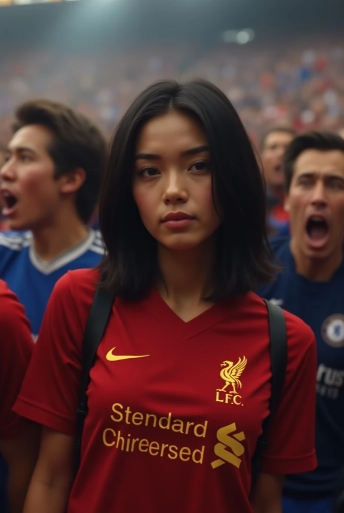 
" An impassioned scene in a football stadium focusing on a gemoy young woman with shoulder-length black hair .  He is wearing a Liverpool FC jersey ports shoes sitting ,  standing among the other fans .  The background showed a blurred outline of the chee...