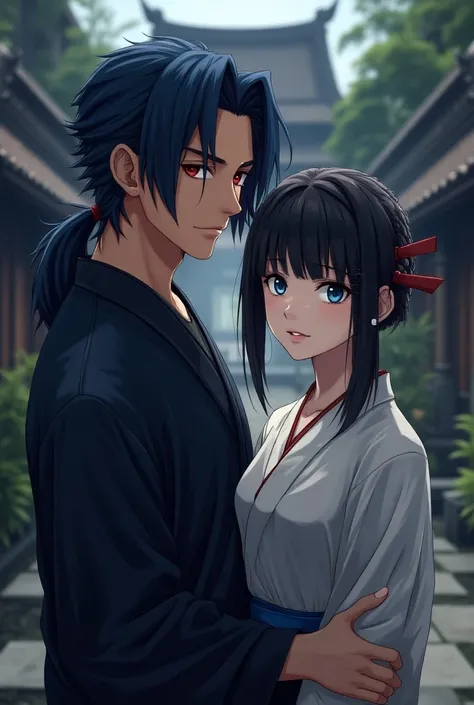 Man, ilustration/anime, dark blue hair, ponytail hairstyle, red eye, javanese traditional costume, background tample, tan skin, handsome, long hair, without beard and mustache, with Woman, beautiful, black hair, with bangs, blue eyes, longhair, white skin,...