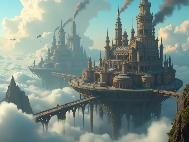 there are many buildings and a plane flying in the sky, floating city on clouds, floating city in the sky, steampunk airships fly overhead, a steampunk city, bioshock infinite style, victorian steampunk mega city, victorian steampunk city vista, steampunk ...