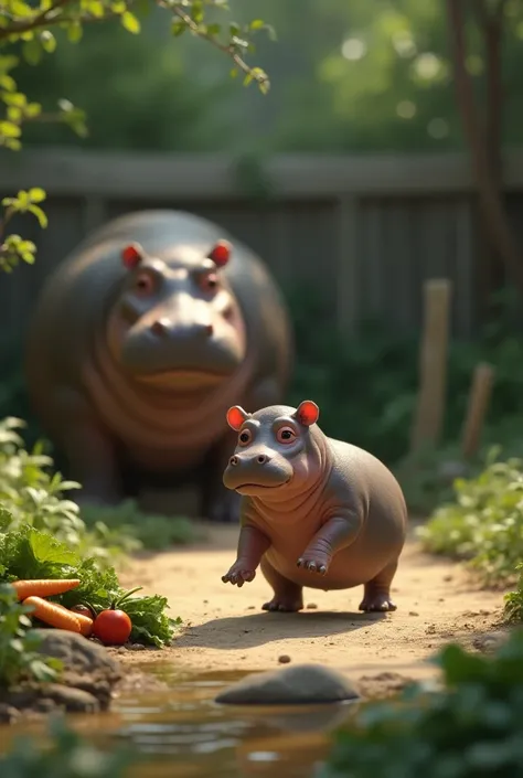 A dwarf hippopotamus is bouncing, with a hippo mother standing eating vegetables in the back in the zoo.
