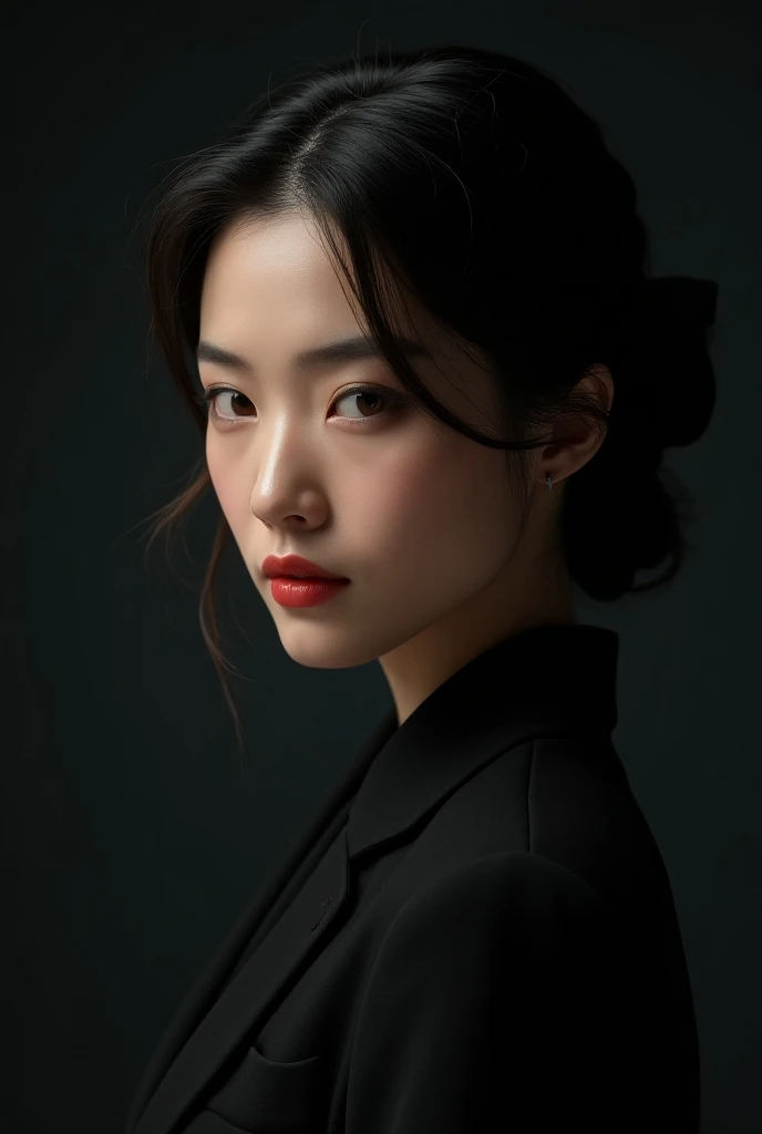 (photorealism:1.2), beautiful woman, Mixed race French-korean girl with long hair and hazel eyes woman in her late twenties with a sharp, mature look that told him she didn’t smile frequently. Her face was long and oval with an evenly pointed chin, her vul...