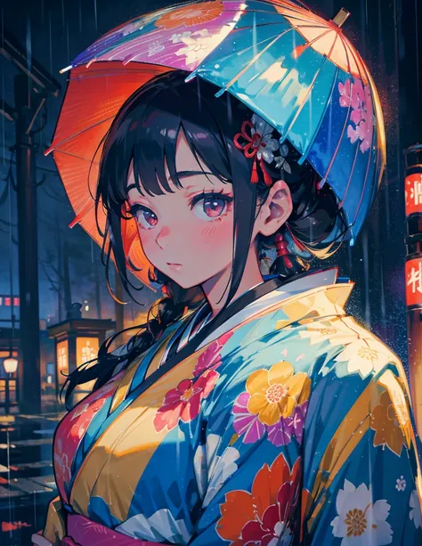   High Resolution ,colorful,bright,kimono,large Japanese umbrella,Weather rain,girl, close-up , face up,