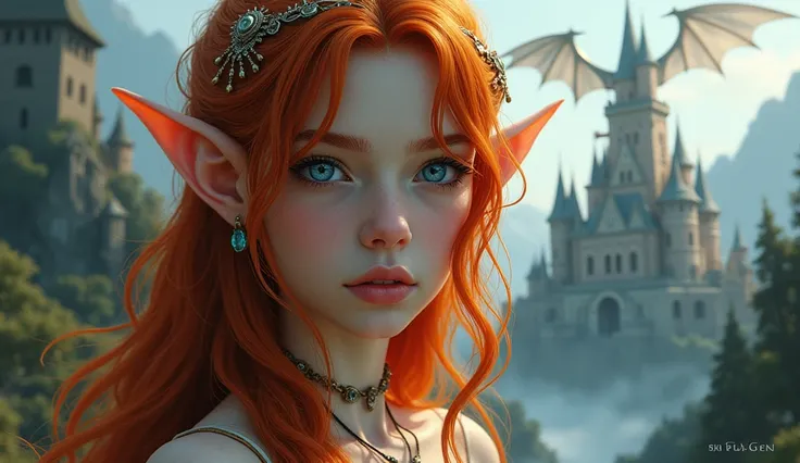 1 girl,  long hair,  looking at the viewer ,  redhead ,  blue eyes, Tierohren, Schmuck, Dragon in the background on a castle