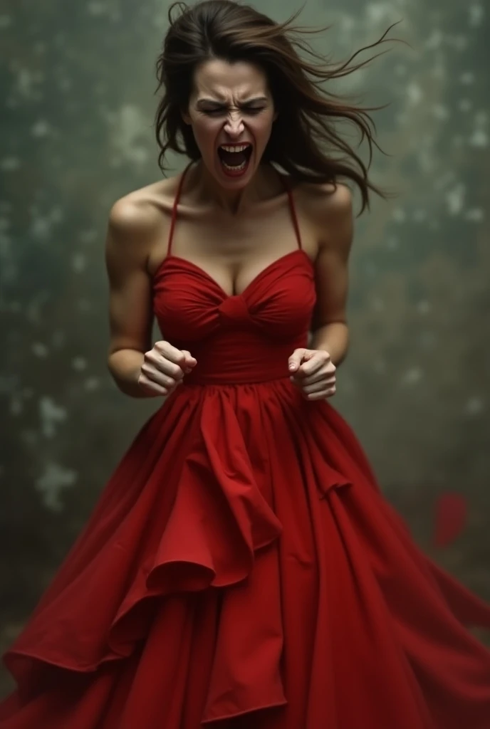 A woman struggling in a red dress