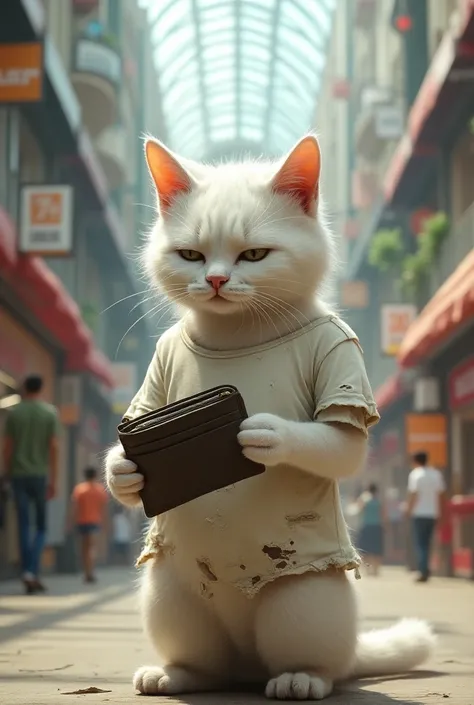 Character,1,White cat wearing white very dirty t-shirt torn from 10 places with black shots
Action,There is a very big mall,cat is holding the wallet in his hand, he opens it and sees that there is no money inside it and he is very sad


