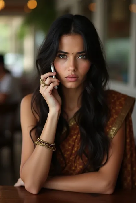 creat a image of a women model, age 29, green eyes, long Black hair,  brunette , big breast type, middle Eastern ethnicity, wet hair, waiting in cafe , wearing a marun saree , with angry face , talk on phone 