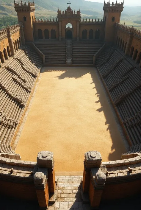  Generate the image of a medieval arena, Large-sized arena where , without any person, top view, Grandstands, empty arena , stone floor, arena com muitas Grandstands, square fight area  