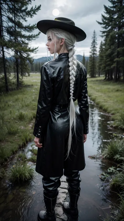 1 girl, white hair, a braid, Wild West Style, black hat,  black pants , boots,  Back view, in a swamp, night, lua,