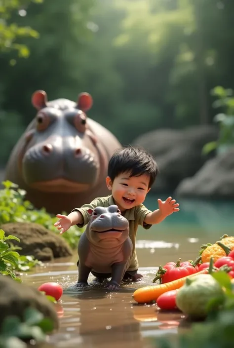 The dwarf hippopotamus was bouncing, had a six-year-old Asian boy playing with it, and a hippo mother stood eating vegetables in the back in the zoo.
