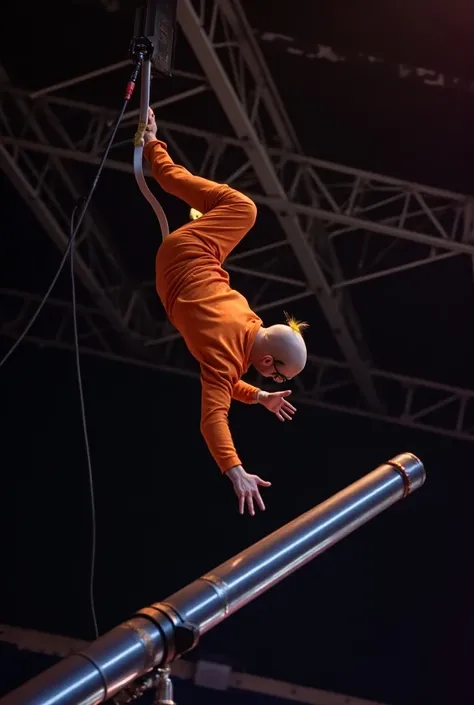 Front of the telescope， on the steel frame of the ceiling of a nightclub ， a white man wearing an orange sweatshirt ， with a bald head and a yellow cockscomb hairdo playing on the horizontal bar ， with black eye straps ，Pull-ups ， The forward loop turns 36...