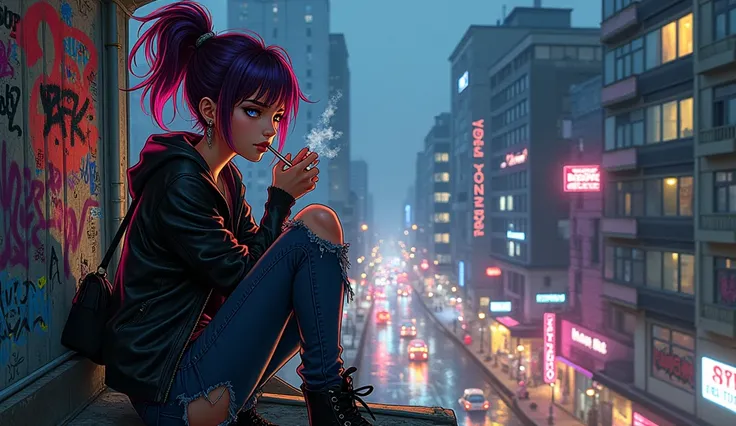 Anime girl, rock Style, smoking on a balcony with a view in the Street. There is graffiti all over the city and in the rooms at night.