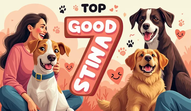 Design an eye-catching YouTube thumbnail for the video 7 Surprising Health Benefits of Having Pets. Use an engaging font for the text Top 7 Pet Benefits! in orange, pink, and black. The background should showcase joyful moments between pets and their owner...