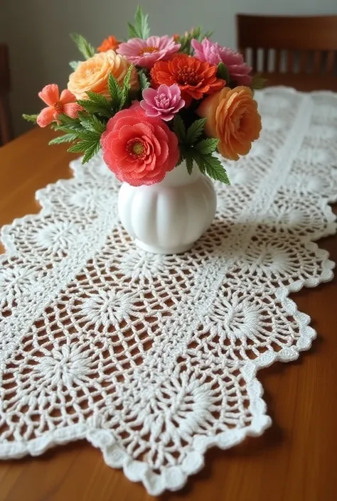 Crochet table runner in white color with open crochet stitches and vase filled with crochet flowers and crochet leaves positioned in the middle of the table runner