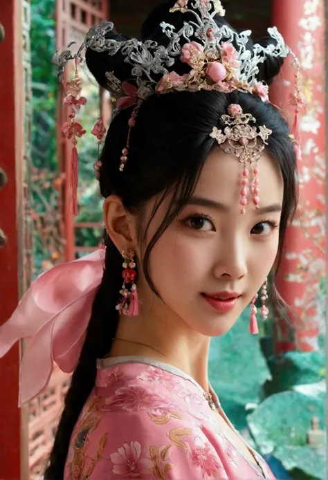 Best quality, masterpiece, high resolution, 1girl, ancient Chinese pink dress, beautiful face, ancient Chinese clothing, bowknot without the original picture, elegant, noble, crown, thin leg, fairy, hair accessory, solo, looking at viewer, smiling, shut up...